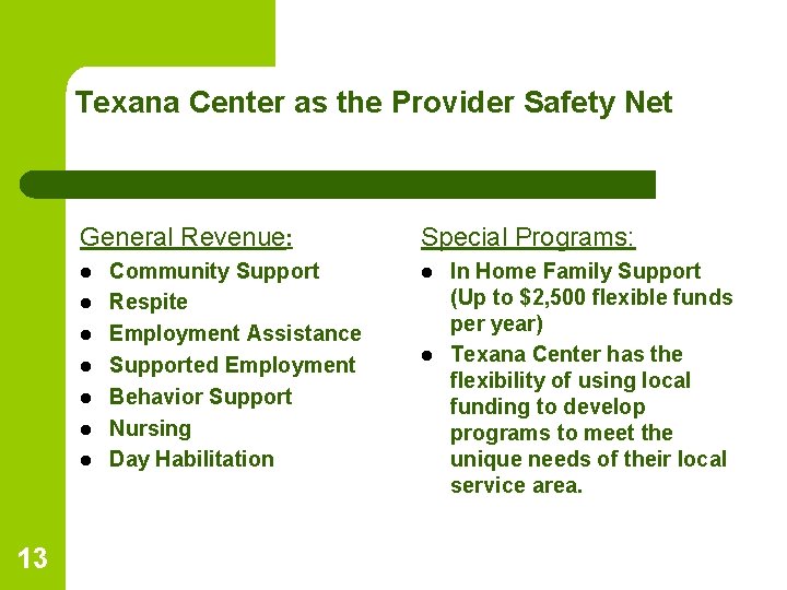 Texana Center as the Provider Safety Net General Revenue: l l l l 13