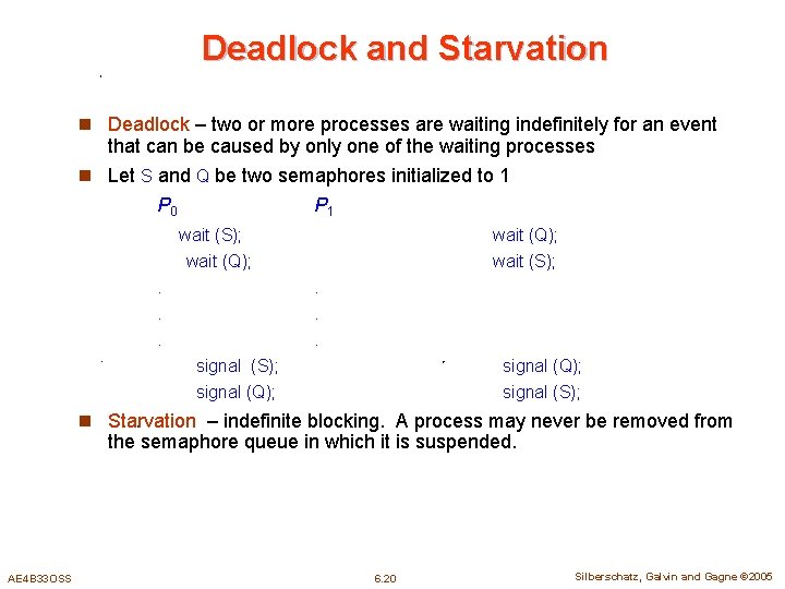 Deadlock and Starvation n Deadlock – two or more processes are waiting indefinitely for