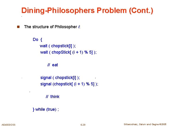 Dining-Philosophers Problem (Cont. ) n The structure of Philosopher i: Do { wait (