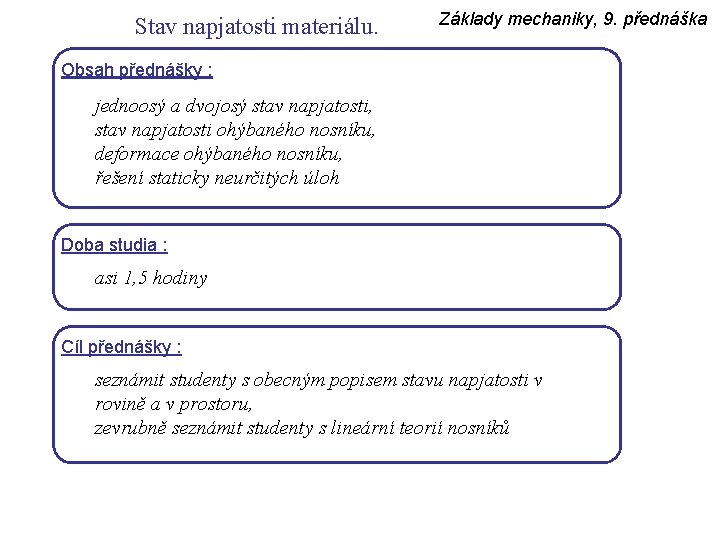 Stav napjatosti materiálu. Základy mechaniky, 9. přednáška Obsah přednášky : jednoosý a dvojosý stav