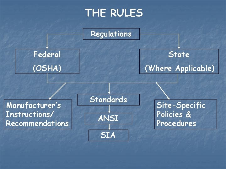 THE RULES Regulations Federal State (OSHA) (Where Applicable) Manufacturer’s Instructions/ Recommendations Standards ANSI SIA