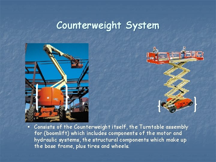 Counterweight System § Consists of the Counterweight itself, the Turntable assembly for (boomlift) which