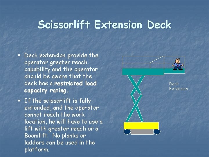 Scissorlift Extension Deck § Deck extension provide the operator greater reach capability and the