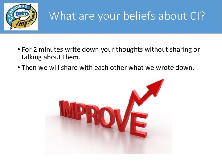 What are your beliefs about CI? • For 2 minutes write down your thoughts What are your beliefs about CI? • For 2 minutes write down your thoughts