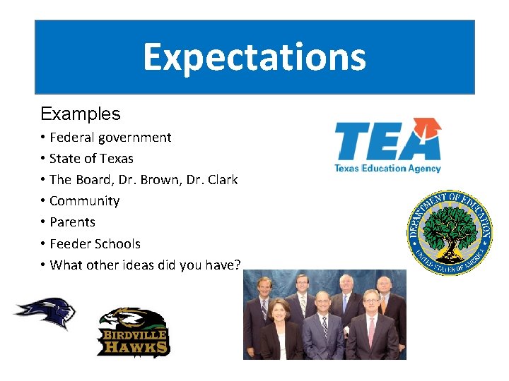 Expectations Examples • Federal government • State of Texas • The Board, Dr. Brown, Expectations Examples • Federal government • State of Texas • The Board, Dr. Brown,