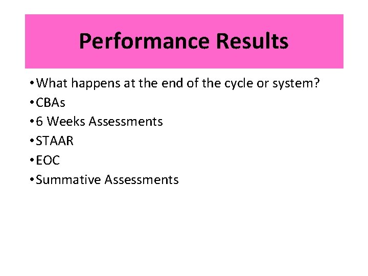 Performance Results • What happens at the end of the cycle or system? • Performance Results • What happens at the end of the cycle or system? •