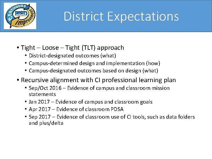 District Expectations • Tight – Loose – Tight (TLT) approach • District-designated outcomes (what) District Expectations • Tight – Loose – Tight (TLT) approach • District-designated outcomes (what)