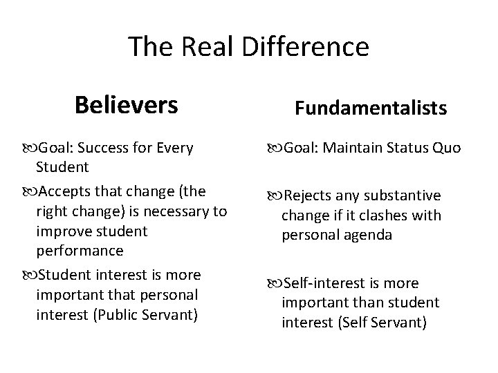 The Real Difference Believers Goal: Success for Every Student Accepts that change (the right
