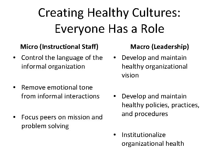 Creating Healthy Cultures: Everyone Has a Role Micro (Instructional Staff) • Control the language