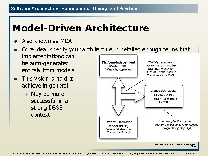Software Architecture: Foundations, Theory, and Practice Model-Driven Architecture l l l Also known as