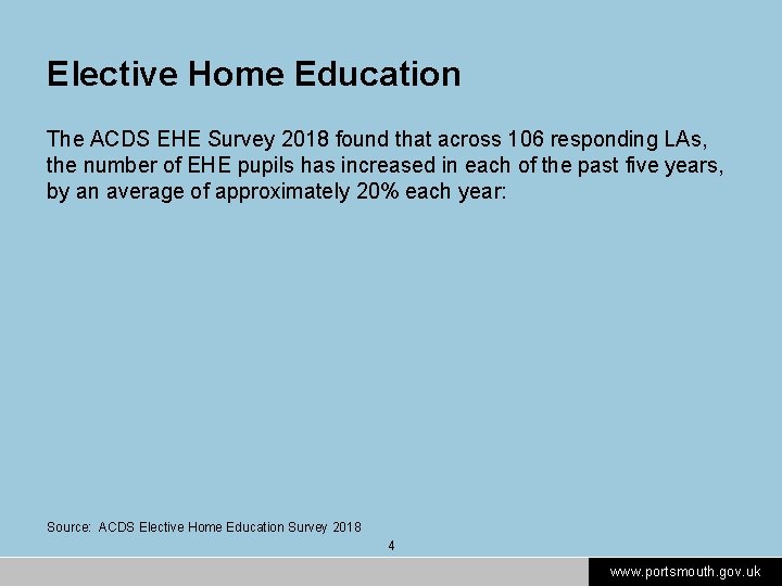 Elective Home Education The ACDS EHE Survey 2018 found that across 106 responding LAs,