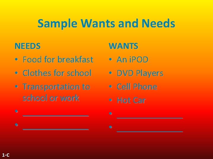 Sample Wants and Needs NEEDS • Food for breakfast • Clothes for school •