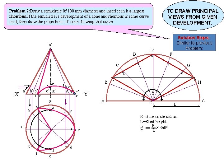 TO DRAW PRINCIPAL VIEWS FROM GIVEN DEVELOPMENT. Problem 7: Draw a semicircle 0 f TO DRAW PRINCIPAL VIEWS FROM GIVEN DEVELOPMENT. Problem 7: Draw a semicircle 0 f