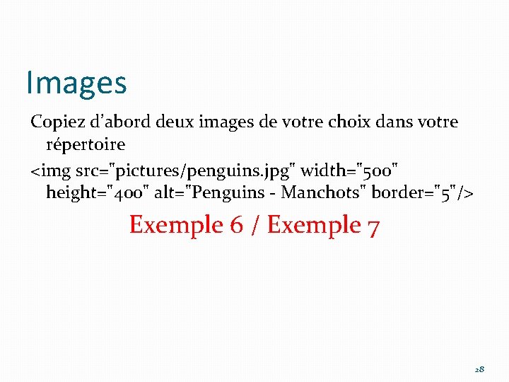 Images Copiez d’abord deux images de votre choix dans votre répertoire <img src="pictures/penguins. jpg"