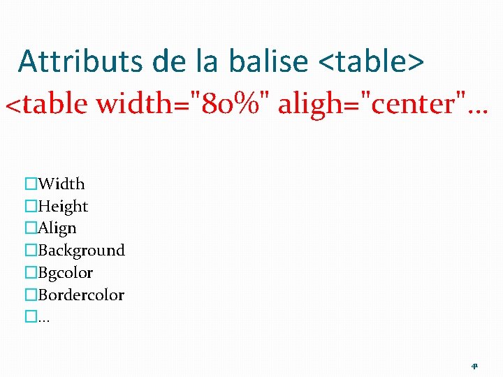 Attributs de la balise <table> <table width="80%" aligh="center"… �Width �Height �Align �Background �Bgcolor �Bordercolor