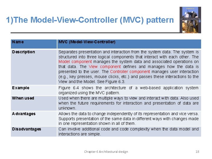 1)The Model-View-Controller (MVC) pattern Name MVC (Model-View-Controller) Description Separates presentation and interaction from the