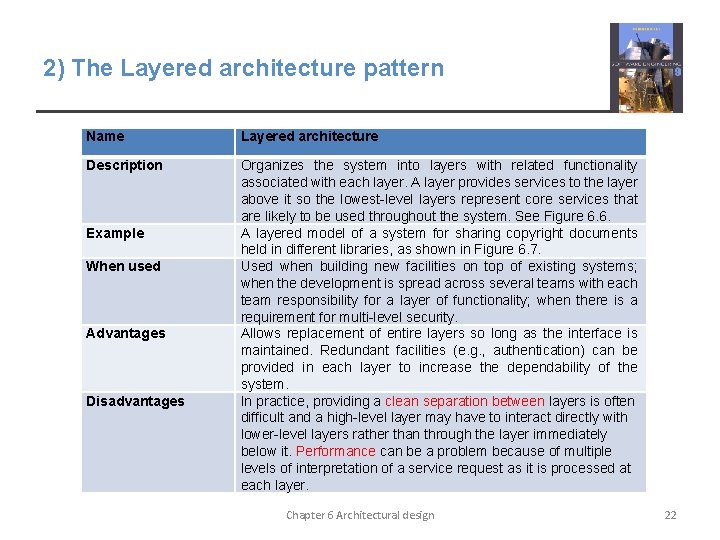 2) The Layered architecture pattern Name Layered architecture Description Organizes the system into layers