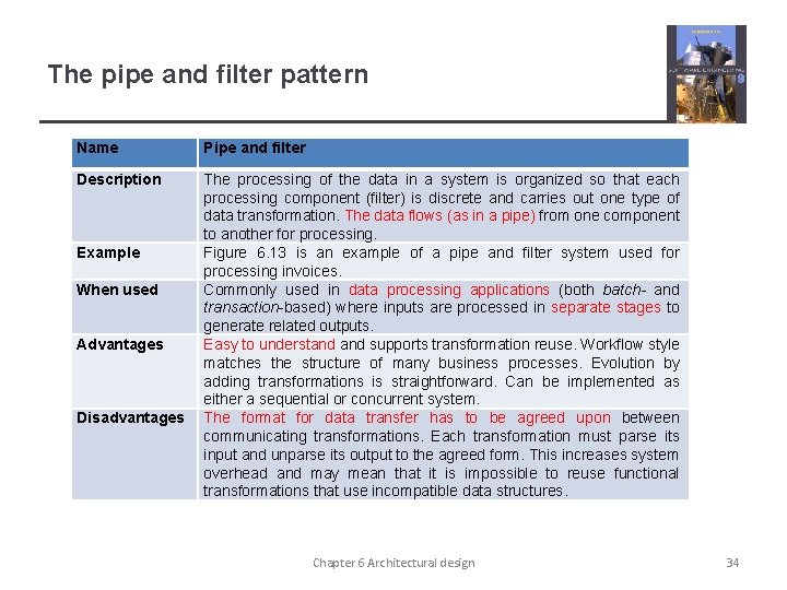 The pipe and filter pattern Name Pipe and filter Description The processing of the