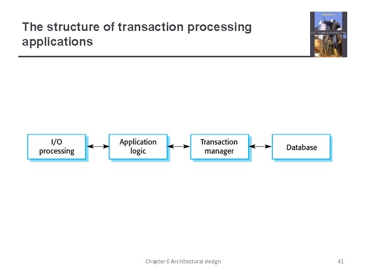 The structure of transaction processing applications Chapter 6 Architectural design 41 