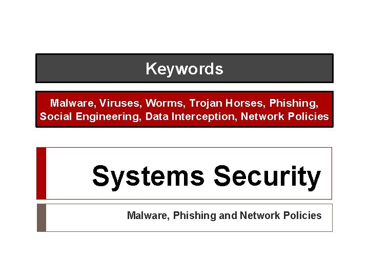 Keywords Malware, Viruses, Worms, Trojan Horses, Phishing, Social Engineering, Data Interception, Network Policies Systems Keywords Malware, Viruses, Worms, Trojan Horses, Phishing, Social Engineering, Data Interception, Network Policies Systems