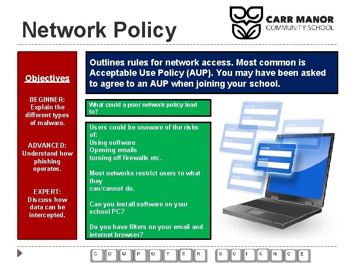 Network Policy Objectives BEGINNER: Explain the different types of malware. ADVANCED: Understand how phishing Network Policy Objectives BEGINNER: Explain the different types of malware. ADVANCED: Understand how phishing