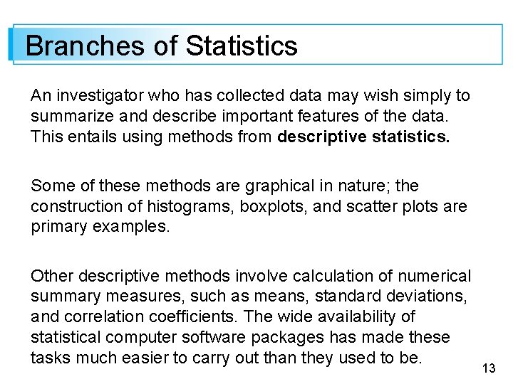 Branches of Statistics An investigator who has collected data may wish simply to summarize