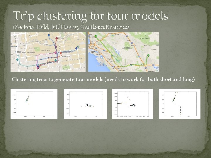 Trip clustering for tour models (Zackery Field, Jeff Huang, Gautham Kesineni) Clustering trips to