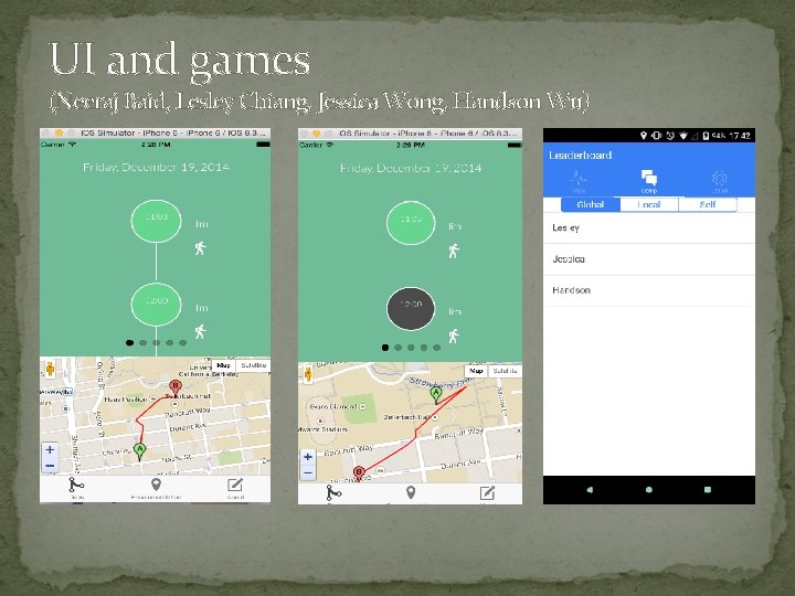 UI and games (Neeraj Baid, Lesley Chiang, Jessica Wong, Handson Wu) 