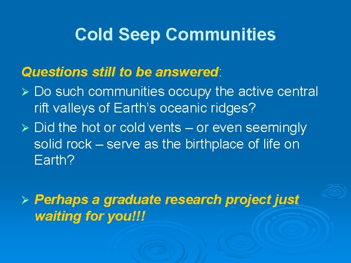 Cold Seep Communities Questions still to be answered: Ø Do such communities occupy the Cold Seep Communities Questions still to be answered: Ø Do such communities occupy the