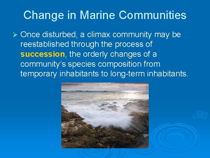 Change in Marine Communities Ø Once disturbed, a climax community may be reestablished through Change in Marine Communities Ø Once disturbed, a climax community may be reestablished through