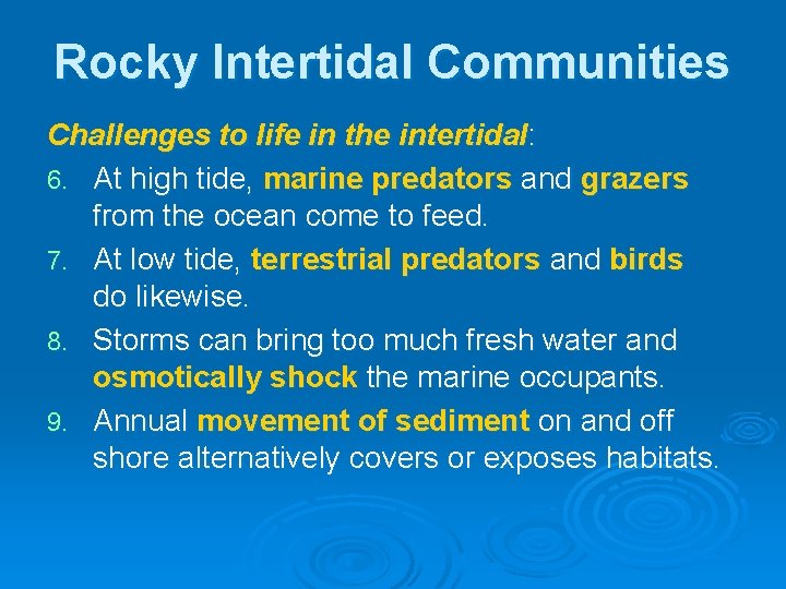 Rocky Intertidal Communities Challenges to life in the intertidal: 6. At high tide, marine Rocky Intertidal Communities Challenges to life in the intertidal: 6. At high tide, marine