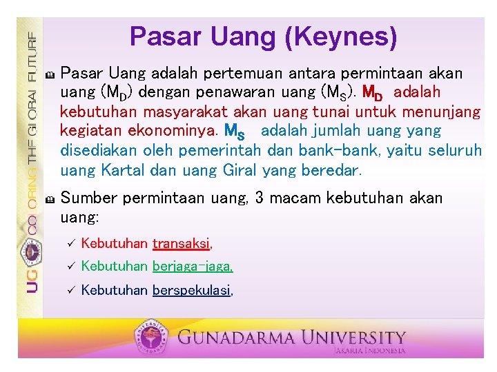 Pasar Uang (Keynes) & & Pasar Uang adalah pertemuan antara permintaan akan uang (MD)