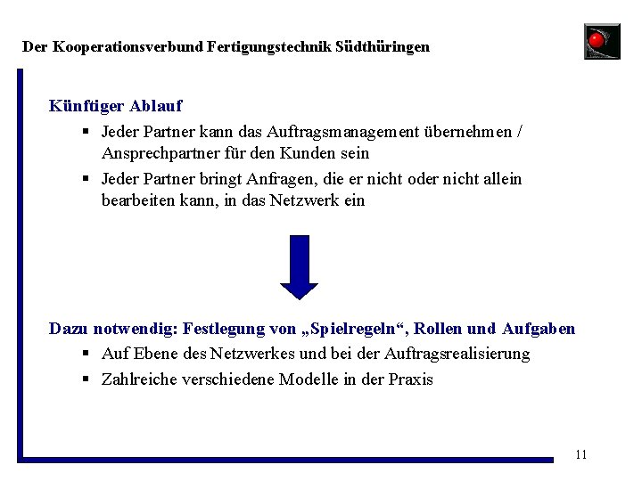 Der Kooperationsverbund Fertigungstechnik Südthüringen Künftiger Ablauf § Jeder Partner kann das Auftragsmanagement übernehmen /