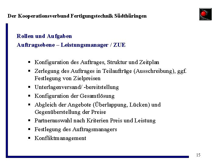 Der Kooperationsverbund Fertigungstechnik Südthüringen Rollen und Aufgaben Auftragsebene – Leistungsmanager / ZUE § Konfiguration