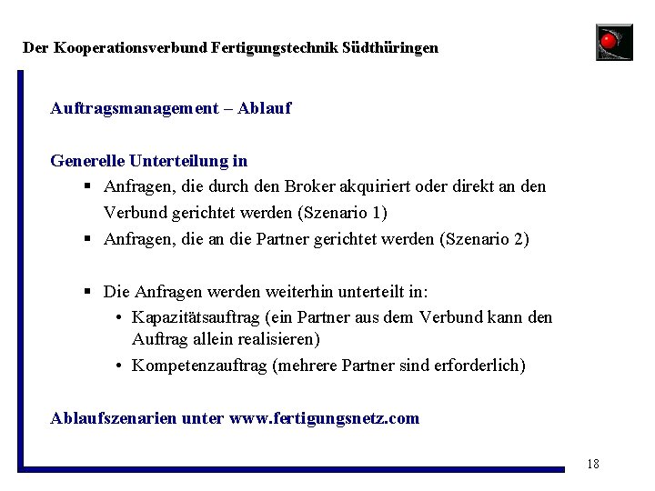 Der Kooperationsverbund Fertigungstechnik Südthüringen Auftragsmanagement – Ablauf Generelle Unterteilung in § Anfragen, die durch