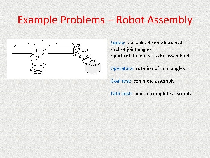 Example Problems – Robot Assembly States: real-valued coordinates of • robot joint angles •