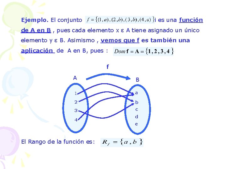 Ejemplo. El conjunto si es una función de A en B , pues cada