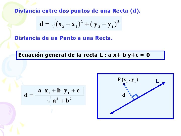 Distancia entre dos puntos de una Recta (d). Distancia de un Punto a una