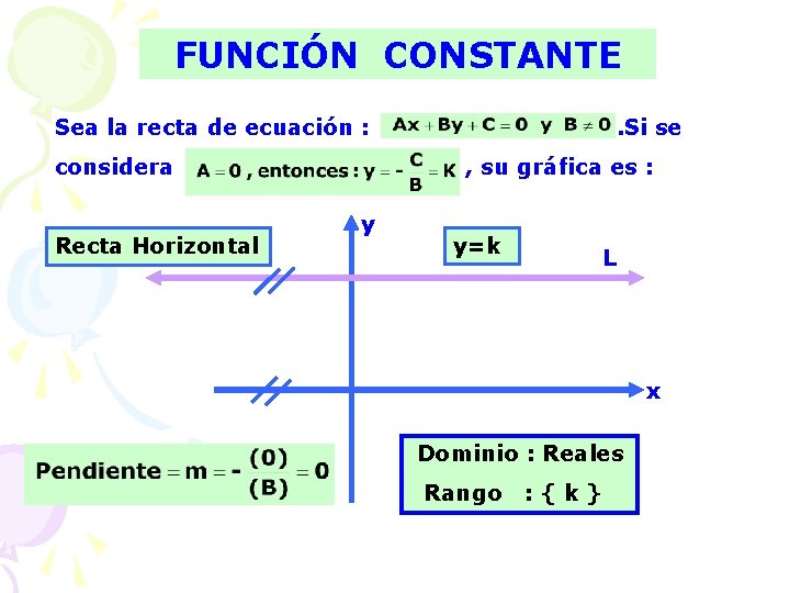 FUNCIÓN CONSTANTE Sea la recta de ecuación : considera Recta Horizontal . Si se