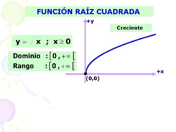 FUNCIÓN RAÍZ CUADRADA +y Creciente +x (0, 0) 