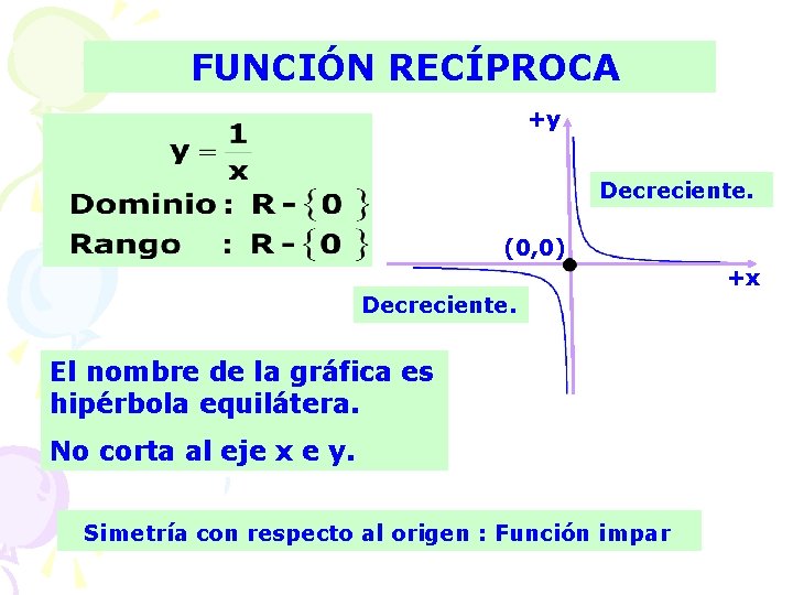 FUNCIÓN RECÍPROCA +y Decreciente. (0, 0) +x Decreciente. El nombre de la gráfica es