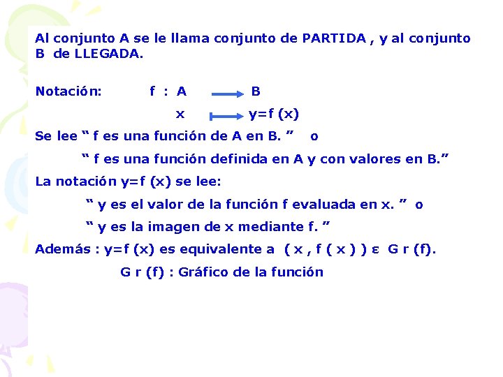 Al conjunto A se le llama conjunto de PARTIDA , y al conjunto B