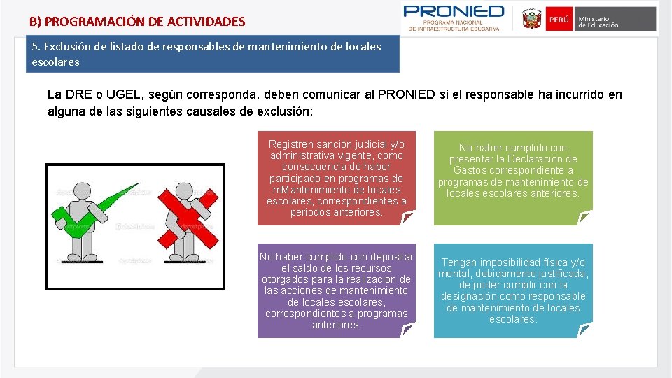 B) PROGRAMACIÓN DE ACTIVIDADES 5. Exclusión de listado de responsables de mantenimiento de locales