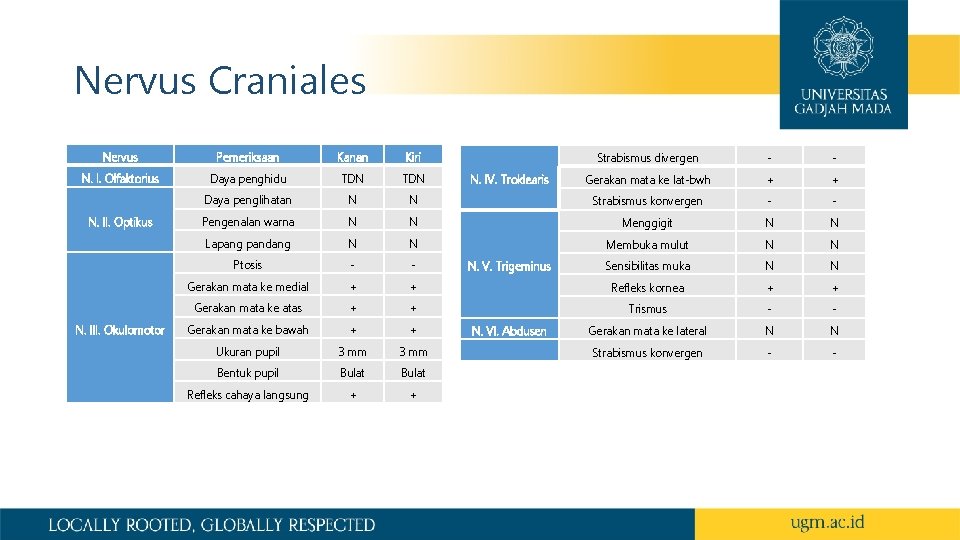 Nervus Craniales Nervus Pemeriksaan Kanan Kiri N. I. Olfaktorius Daya penghidu TDN Daya penglihatan Nervus Craniales Nervus Pemeriksaan Kanan Kiri N. I. Olfaktorius Daya penghidu TDN Daya penglihatan
