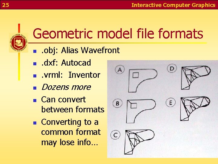 25 Interactive Computer Graphics Geometric model file formats n . obj: Alias Wavefront. dxf: