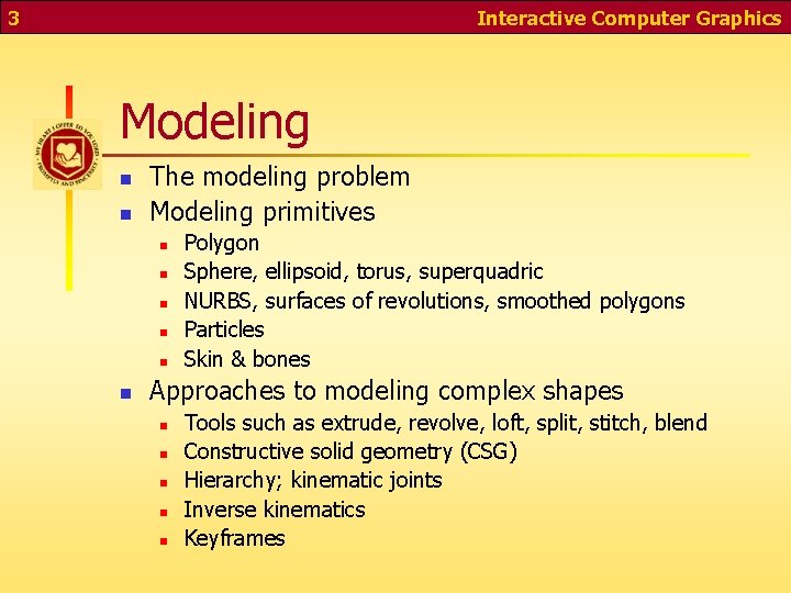 3 Interactive Computer Graphics Modeling n n The modeling problem Modeling primitives n n