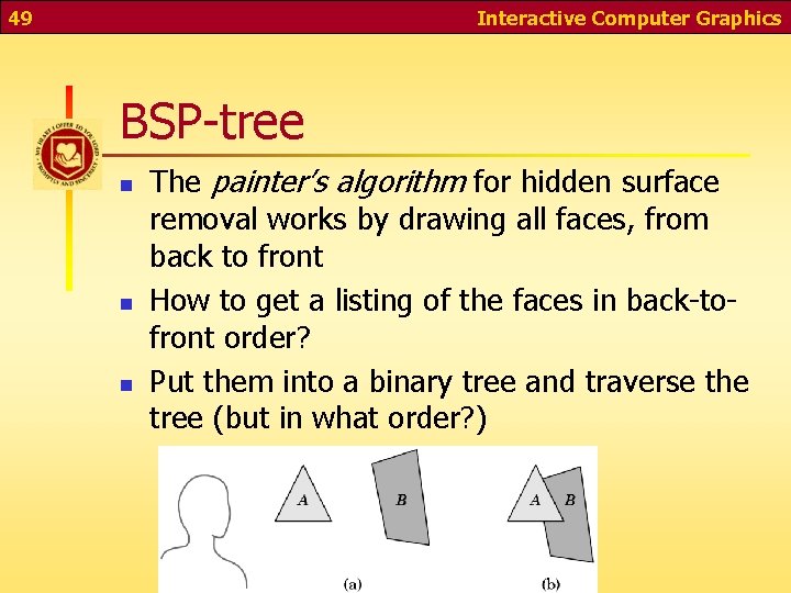 49 Interactive Computer Graphics BSP-tree n n n The painter’s algorithm for hidden surface