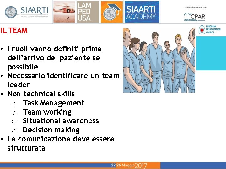 IL TEAM • I ruoli vanno definiti prima dell’arrivo del paziente se possibile • IL TEAM • I ruoli vanno definiti prima dell’arrivo del paziente se possibile •
