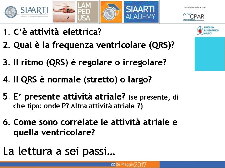 1. C’è attività elettrica? 2. Qual è la frequenza ventricolare (QRS)? 3. Il ritmo 1. C’è attività elettrica? 2. Qual è la frequenza ventricolare (QRS)? 3. Il ritmo
