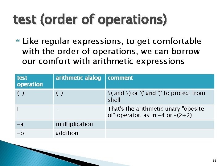 test (order of operations) Like regular expressions, to get comfortable with the order of